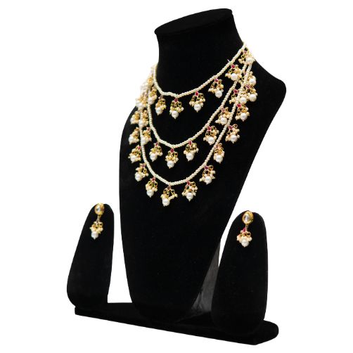 Uffbyisha Layered Pearl Long Necklace Set with Gold Motifs